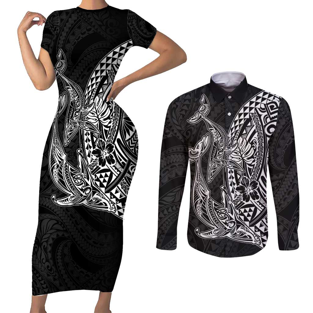 Hawaiian Whales Polynesian Art Motifs Couples Matching Short Sleeve Bodycon Dress and Long Sleeve Button Shirt Black Color LT03 Black - Polynesian Pride