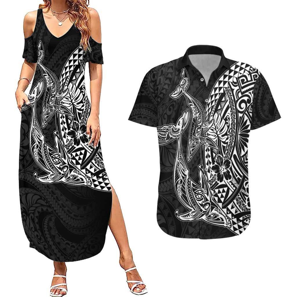 Hawaiian Whales Polynesian Art Motifs Couples Matching Summer Maxi Dress and Hawaiian Shirt Black Color LT03 Black - Polynesian Pride