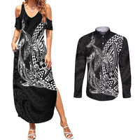 Hawaiian Whales Polynesian Art Motifs Couples Matching Summer Maxi Dress and Long Sleeve Button Shirt Black Color LT03 Black - Polynesian Pride