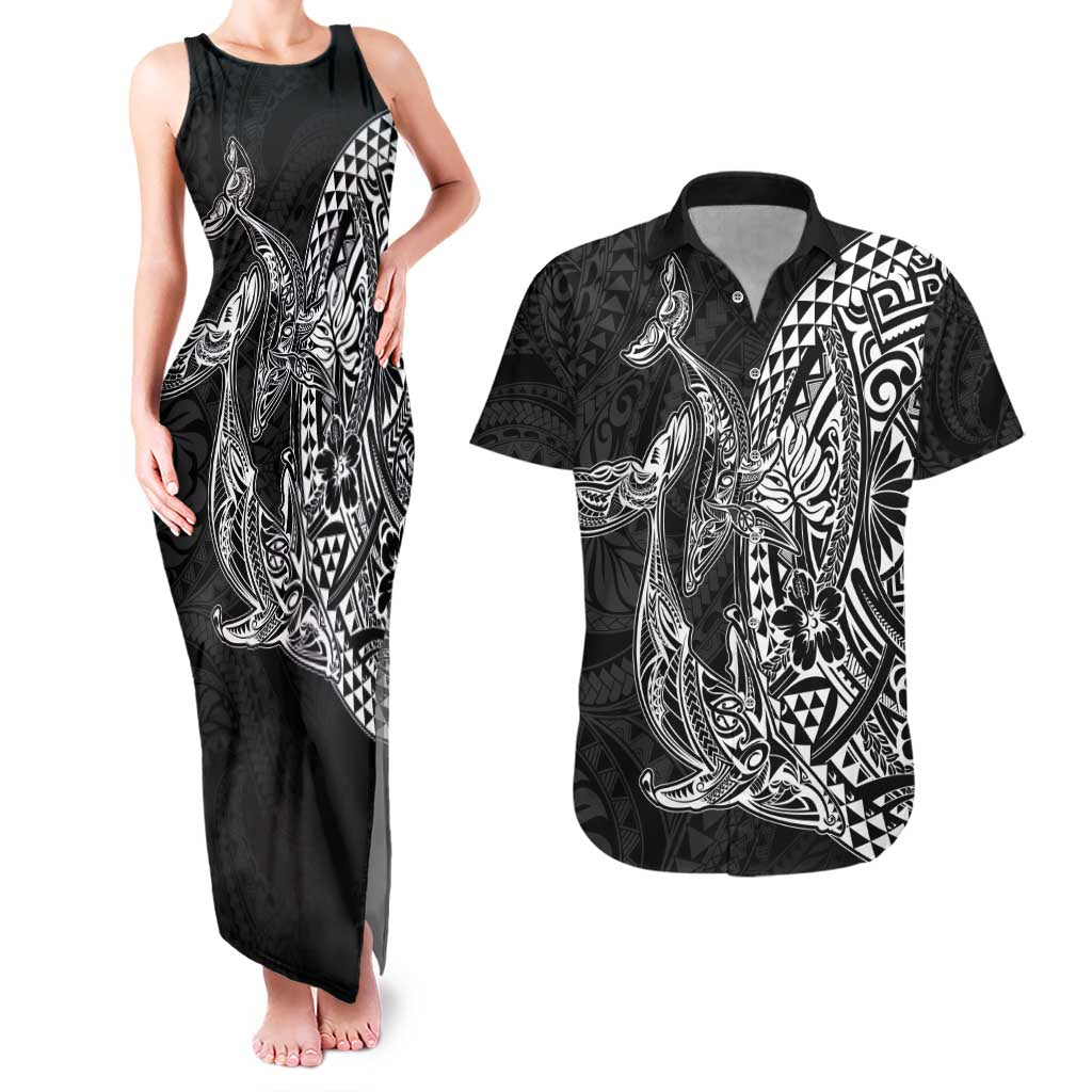 Hawaiian Whales Polynesian Art Motifs Couples Matching Tank Maxi Dress and Hawaiian Shirt Black Color LT03 Black - Polynesian Pride