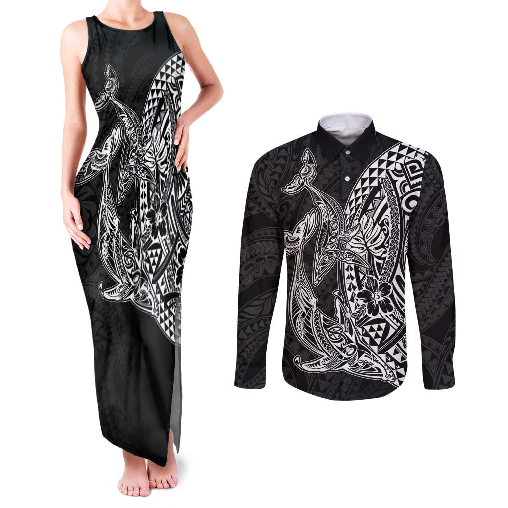 Hawaiian Whales Polynesian Art Motifs Couples Matching Tank Maxi Dress and Long Sleeve Button Shirt Black Color LT03 Black - Polynesian Pride