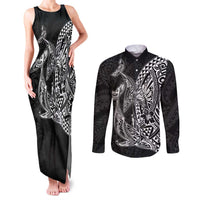 Hawaiian Whales Polynesian Art Motifs Couples Matching Tank Maxi Dress and Long Sleeve Button Shirt Black Color LT03 Black - Polynesian Pride