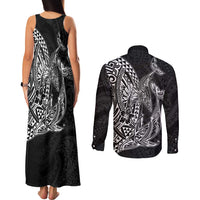 Hawaiian Whales Polynesian Art Motifs Couples Matching Tank Maxi Dress and Long Sleeve Button Shirt Black Color LT03 - Polynesian Pride