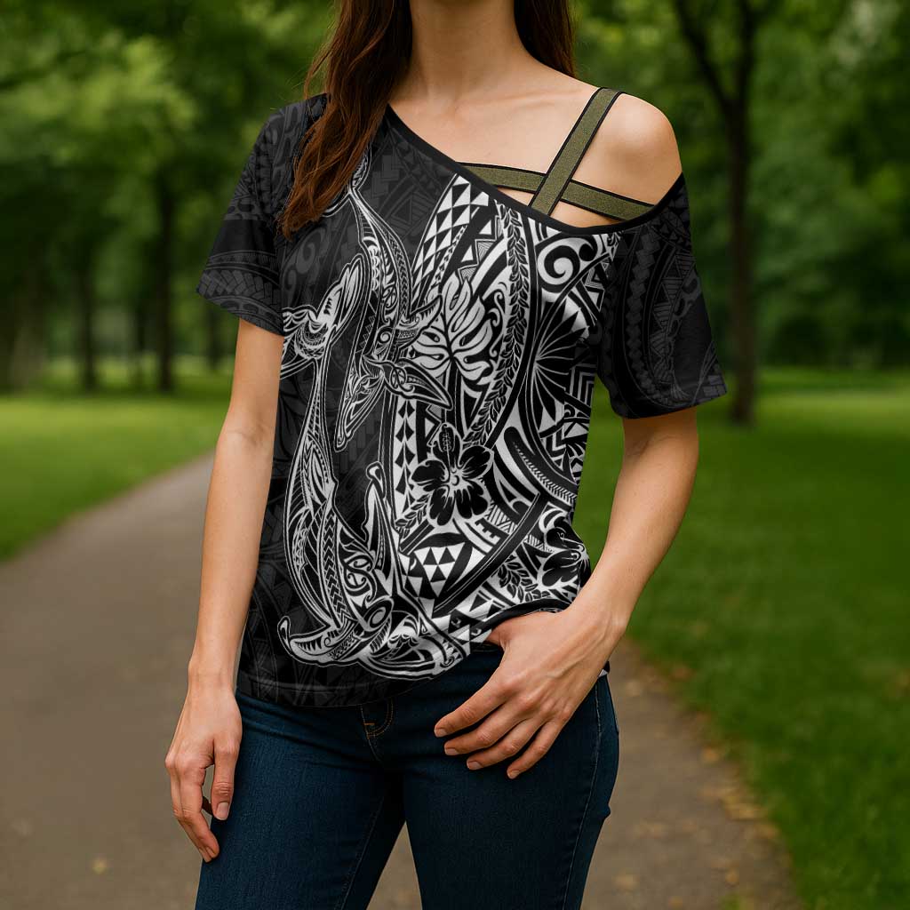 Hawaiian Whales Polynesian Art Motifs Cross Shoulder Shirt Black Color - Polynesian Pride