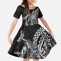 Hawaiian Whales Polynesian Art Motifs Family Matching Long Sleeve Bodycon Dress and Hawaiian Shirt Black Color LT03 Daughter's Dress Black - Polynesian Pride