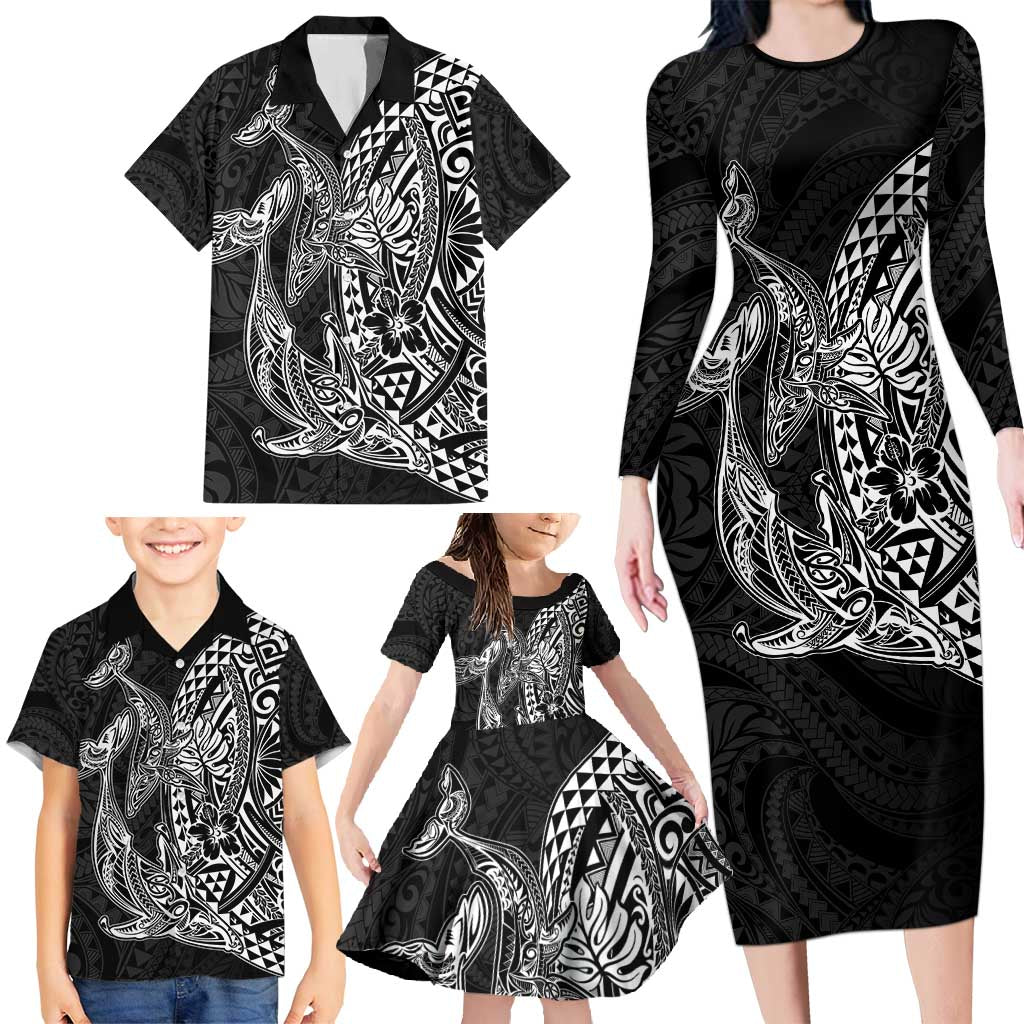 Hawaiian Whales Polynesian Art Motifs Family Matching Long Sleeve Bodycon Dress and Hawaiian Shirt Black Color LT03 - Polynesian Pride