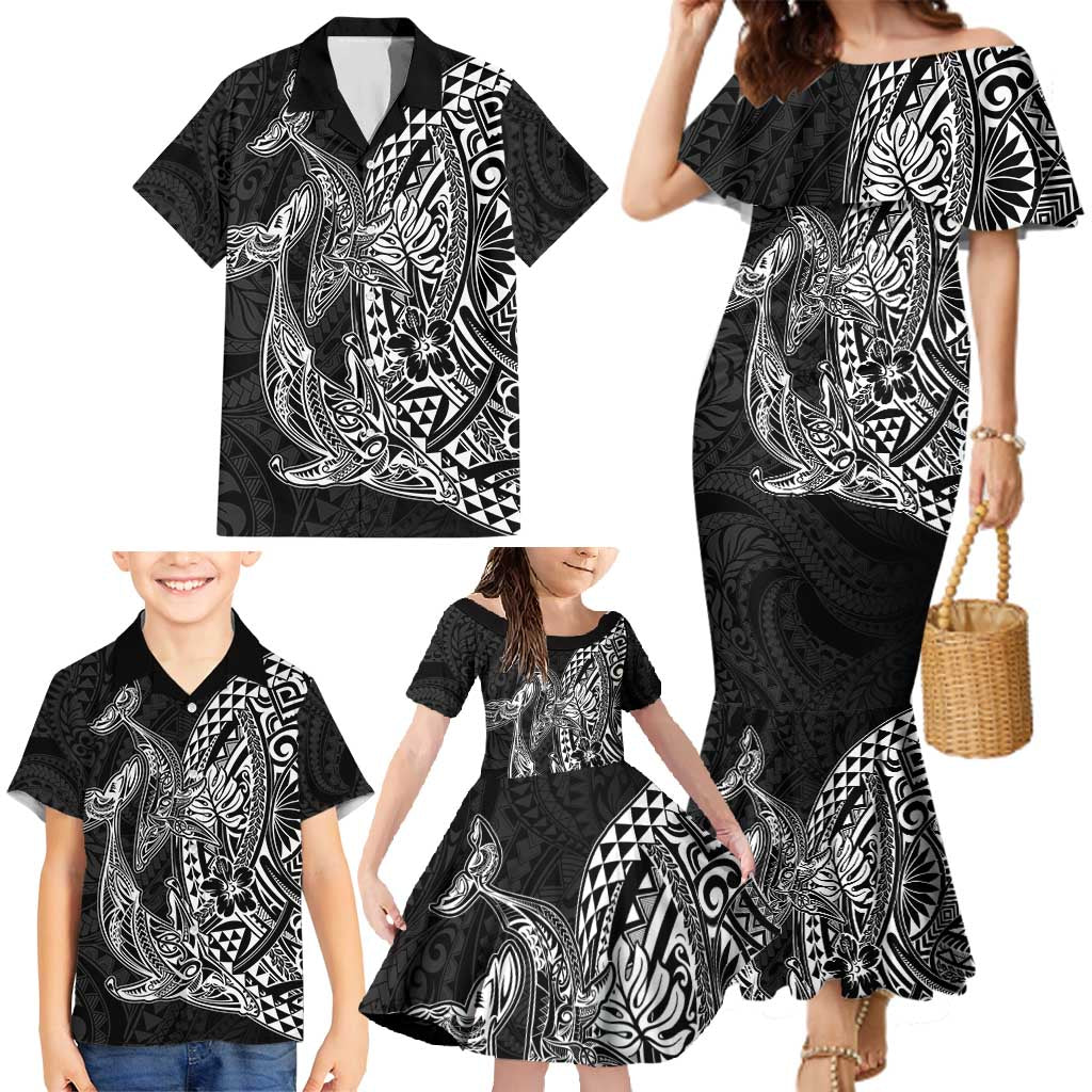 Hawaiian Whales Polynesian Art Motifs Family Matching Mermaid Dress and Hawaiian Shirt Black Color LT03 - Polynesian Pride