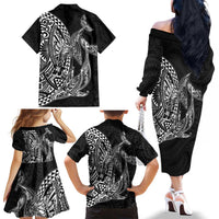 Hawaiian Whales Polynesian Art Motifs Family Matching Off The Shoulder Long Sleeve Dress and Hawaiian Shirt Black Color LT03 - Polynesian Pride