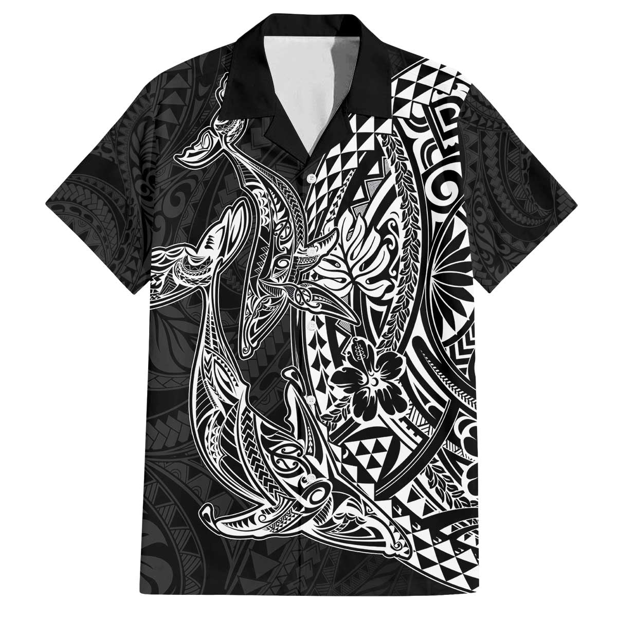 Hawaiian Whales Polynesian Art Motifs Family Matching Off The Shoulder Long Sleeve Dress and Hawaiian Shirt Black Color LT03 Dad's Shirt - Short Sleeve Black - Polynesian Pride