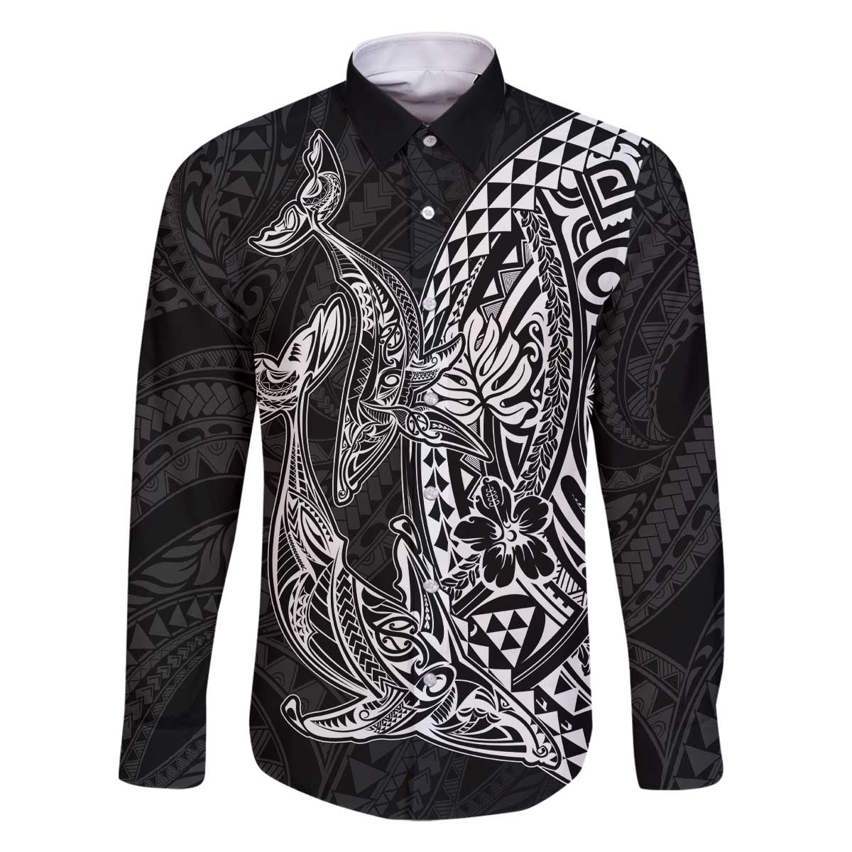 Hawaiian Whales Polynesian Art Motifs Family Matching Off The Shoulder Long Sleeve Dress and Hawaiian Shirt Black Color LT03 Dad's Shirt - Long Sleeve Black - Polynesian Pride