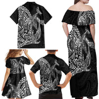 Hawaiian Whales Polynesian Art Motifs Family Matching Off Shoulder Maxi Dress and Hawaiian Shirt Black Color LT03 - Polynesian Pride