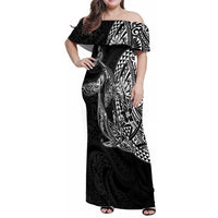 Hawaiian Whales Polynesian Art Motifs Family Matching Off Shoulder Maxi Dress and Hawaiian Shirt Black Color LT03 Mom's Dress Black - Polynesian Pride