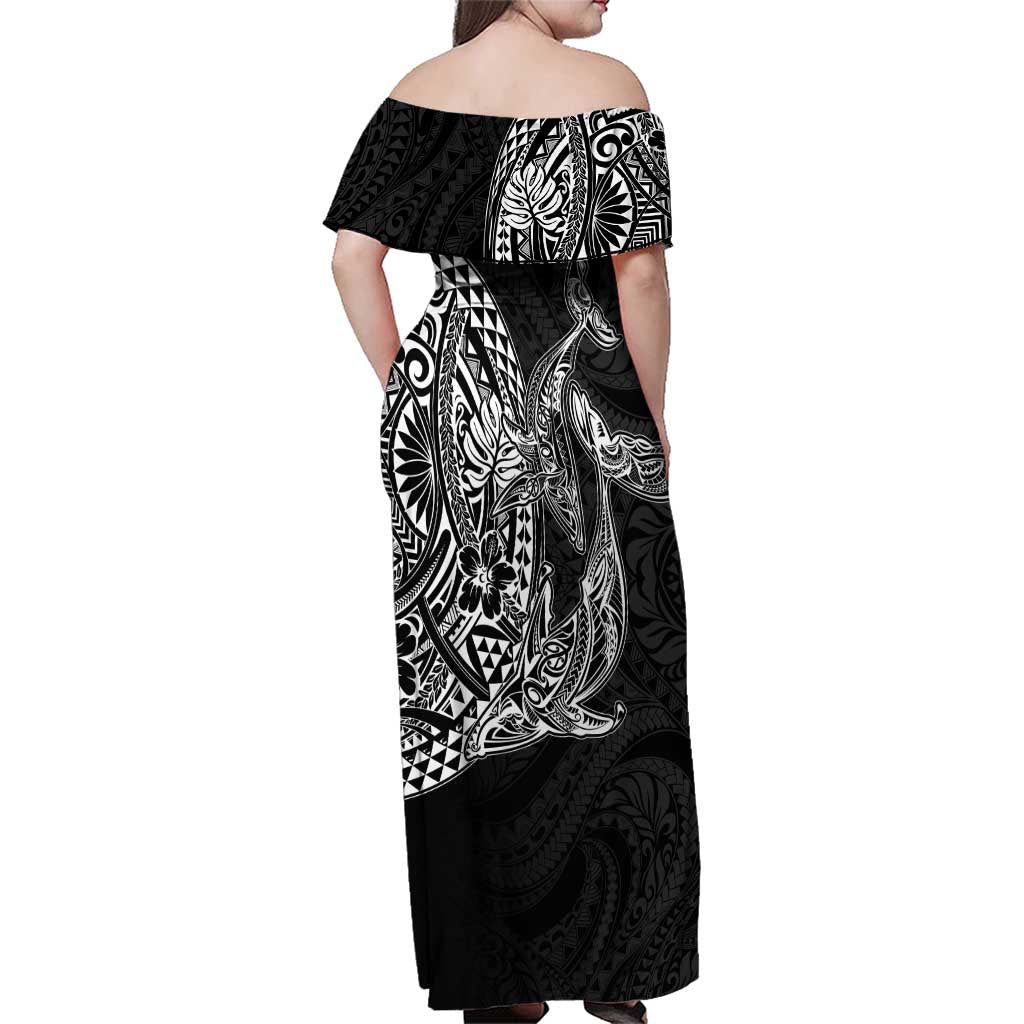 Hawaiian Whales Polynesian Art Motifs Family Matching Off Shoulder Maxi Dress and Hawaiian Shirt Black Color LT03 - Polynesian Pride