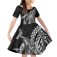 Hawaiian Whales Polynesian Art Motifs Family Matching Off Shoulder Short Dress and Hawaiian Shirt Black Color LT03 Daughter's Dress Black - Polynesian Pride