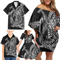 Hawaiian Whales Polynesian Art Motifs Family Matching Off Shoulder Short Dress and Hawaiian Shirt Black Color LT03 - Polynesian Pride