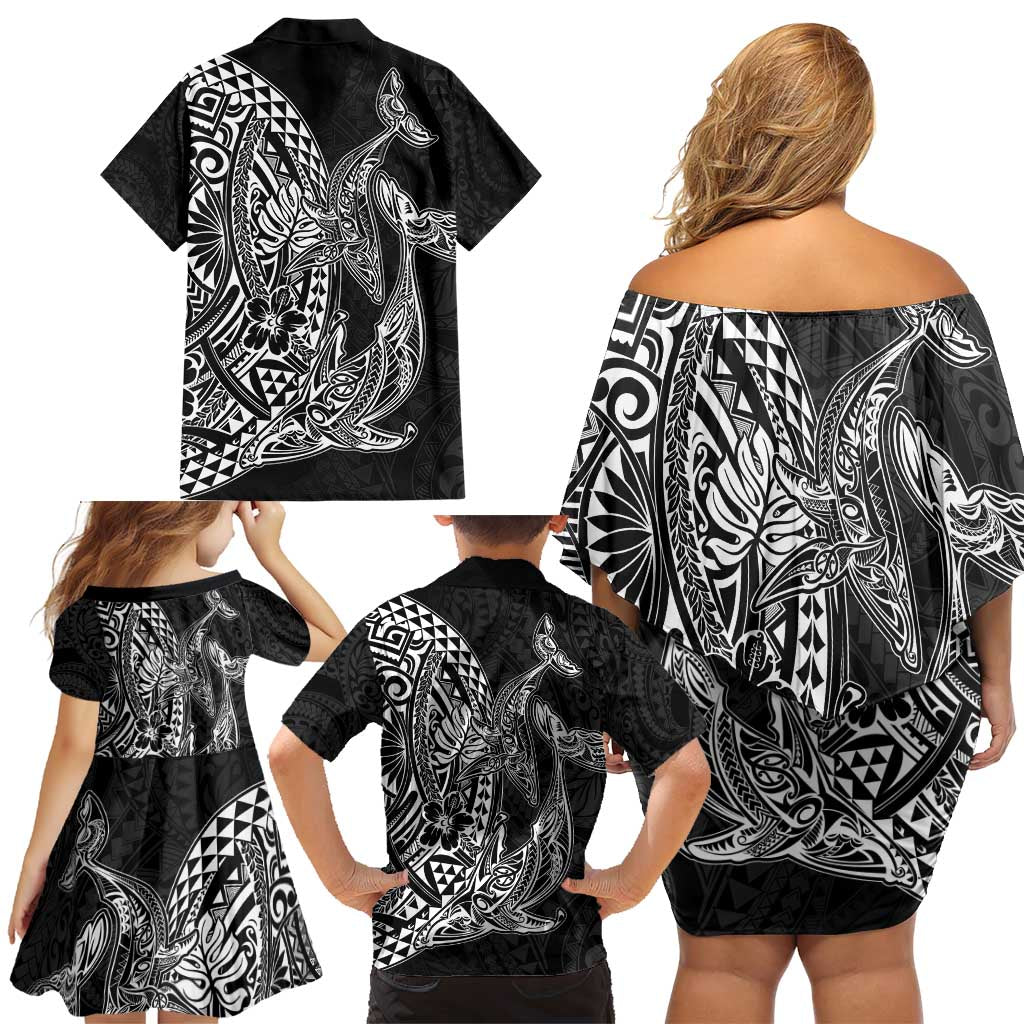 Hawaiian Whales Polynesian Art Motifs Family Matching Off Shoulder Short Dress and Hawaiian Shirt Black Color LT03 - Polynesian Pride