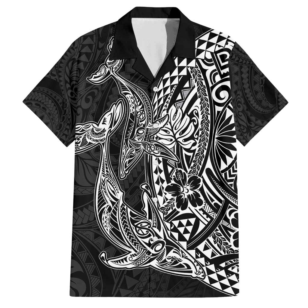 Hawaiian Whales Polynesian Art Motifs Family Matching Off Shoulder Short Dress and Hawaiian Shirt Black Color LT03 Dad's Shirt - Short Sleeve Black - Polynesian Pride