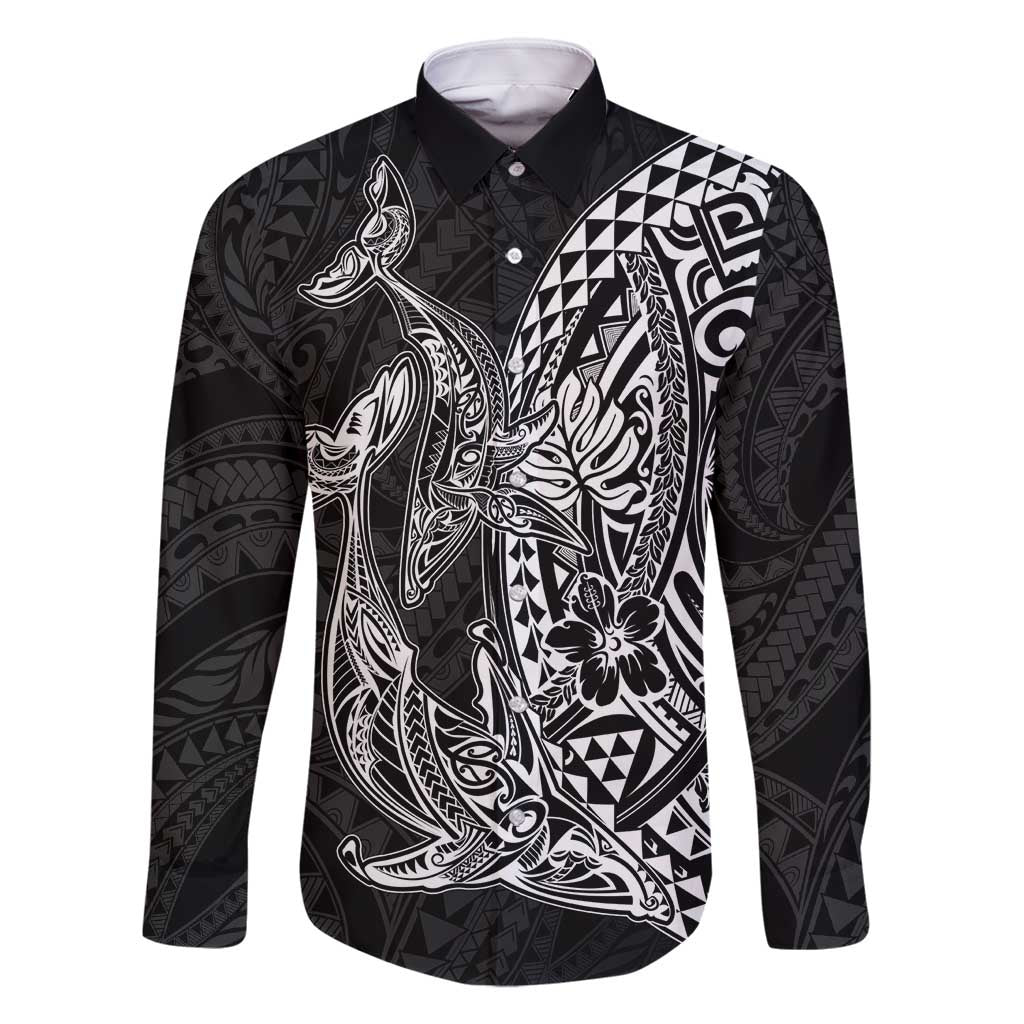 Hawaiian Whales Polynesian Art Motifs Family Matching Off Shoulder Short Dress and Hawaiian Shirt Black Color LT03 Dad's Shirt - Long Sleeve Black - Polynesian Pride