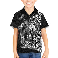 Hawaiian Whales Polynesian Art Motifs Family Matching Off Shoulder Short Dress and Hawaiian Shirt Black Color LT03 Son's Shirt Black - Polynesian Pride