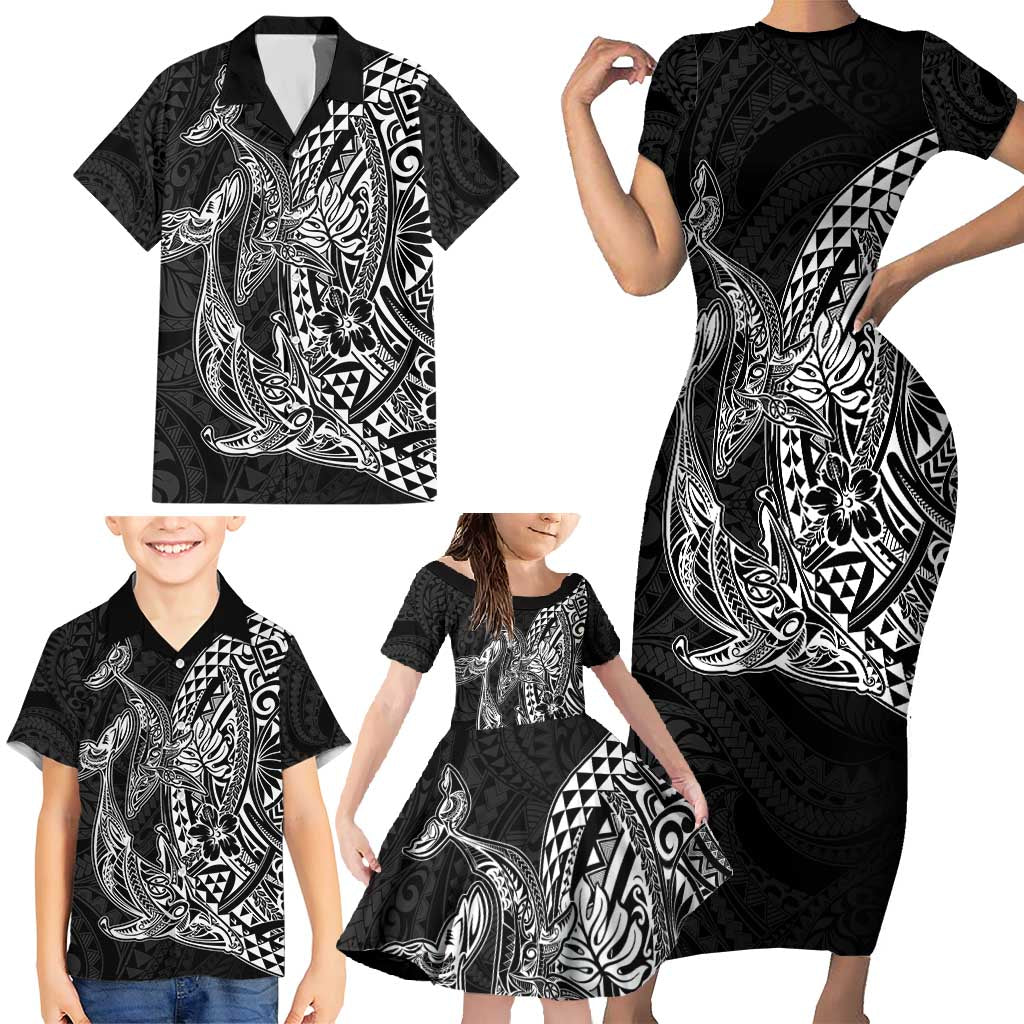 Hawaiian Whales Polynesian Art Motifs Family Matching Short Sleeve Bodycon Dress and Hawaiian Shirt Black Color LT03 - Polynesian Pride