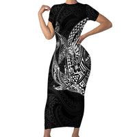 Hawaiian Whales Polynesian Art Motifs Family Matching Short Sleeve Bodycon Dress and Hawaiian Shirt Black Color LT03 Mom's Dress Black - Polynesian Pride