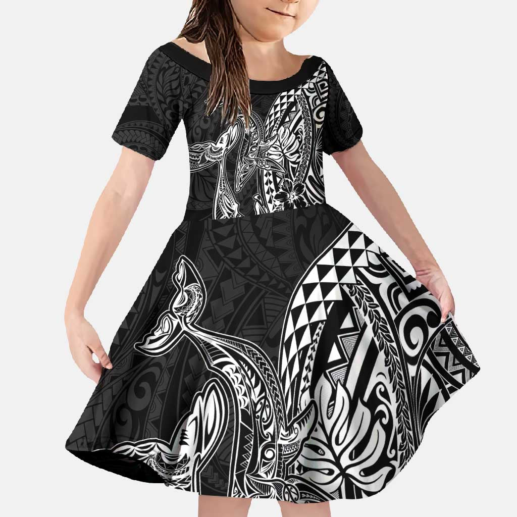 Hawaiian Whales Polynesian Art Motifs Family Matching Summer Maxi Dress and Hawaiian Shirt Black Color LT03 Daughter's Dress Black - Polynesian Pride