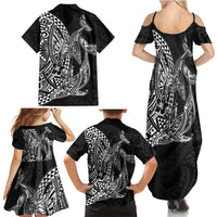Hawaiian Whales Polynesian Art Motifs Family Matching Summer Maxi Dress and Hawaiian Shirt Black Color LT03 - Polynesian Pride