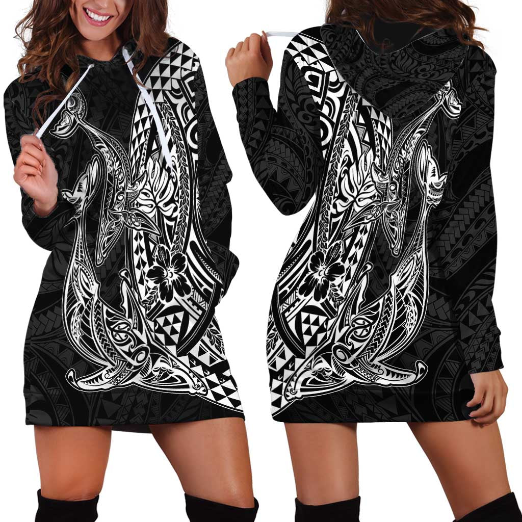 Hawaiian Whales Polynesian Art Motifs Hoodie Dress Black Color LT03 - Polynesian Pride