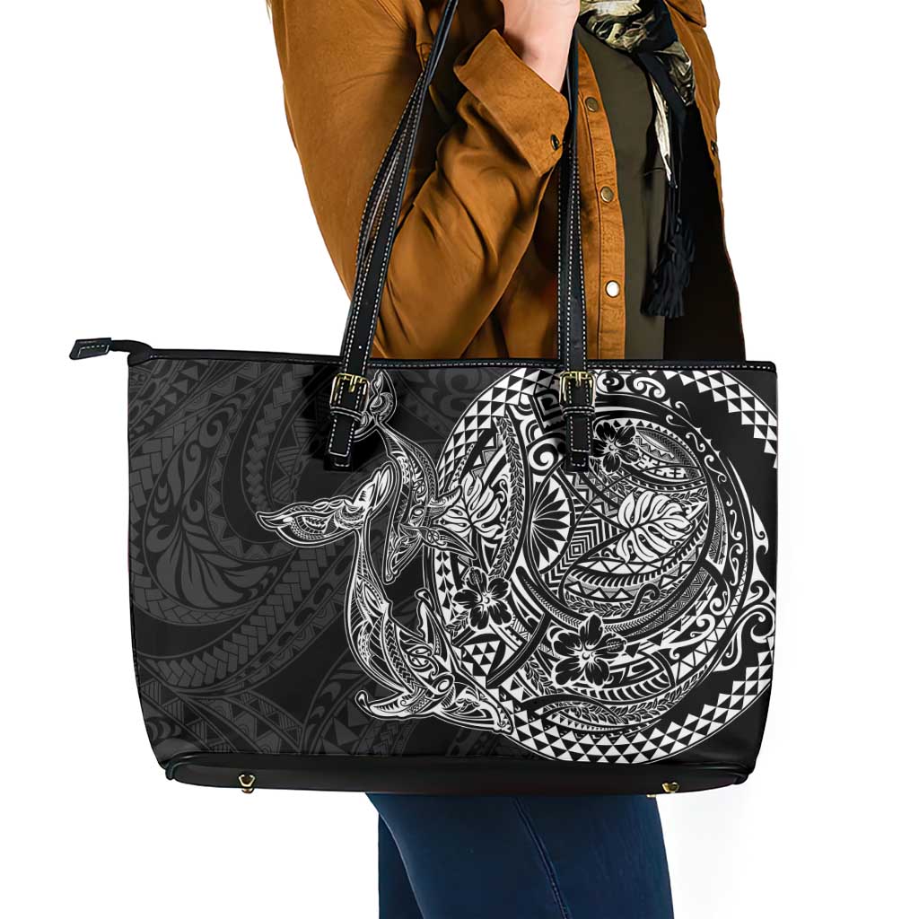 Hawaiian Whales Polynesian Art Motifs Leather Tote Bag Black Color - Polynesian Pride