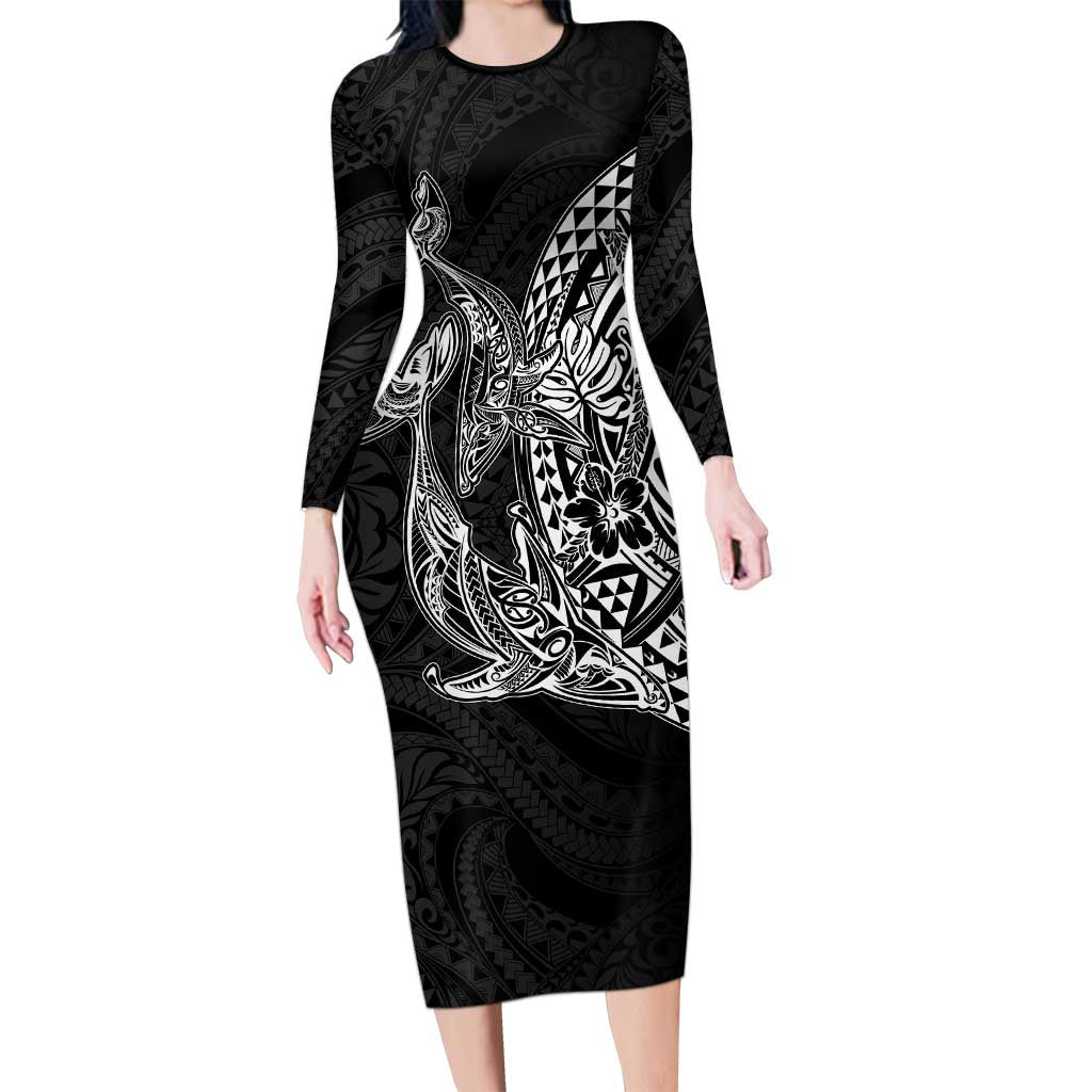 Hawaiian Whales Polynesian Art Motifs Long Sleeve Bodycon Dress Black Color LT03 Long Dress Black - Polynesian Pride