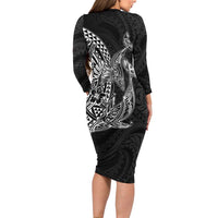 Hawaiian Whales Polynesian Art Motifs Long Sleeve Bodycon Dress Black Color LT03 - Polynesian Pride