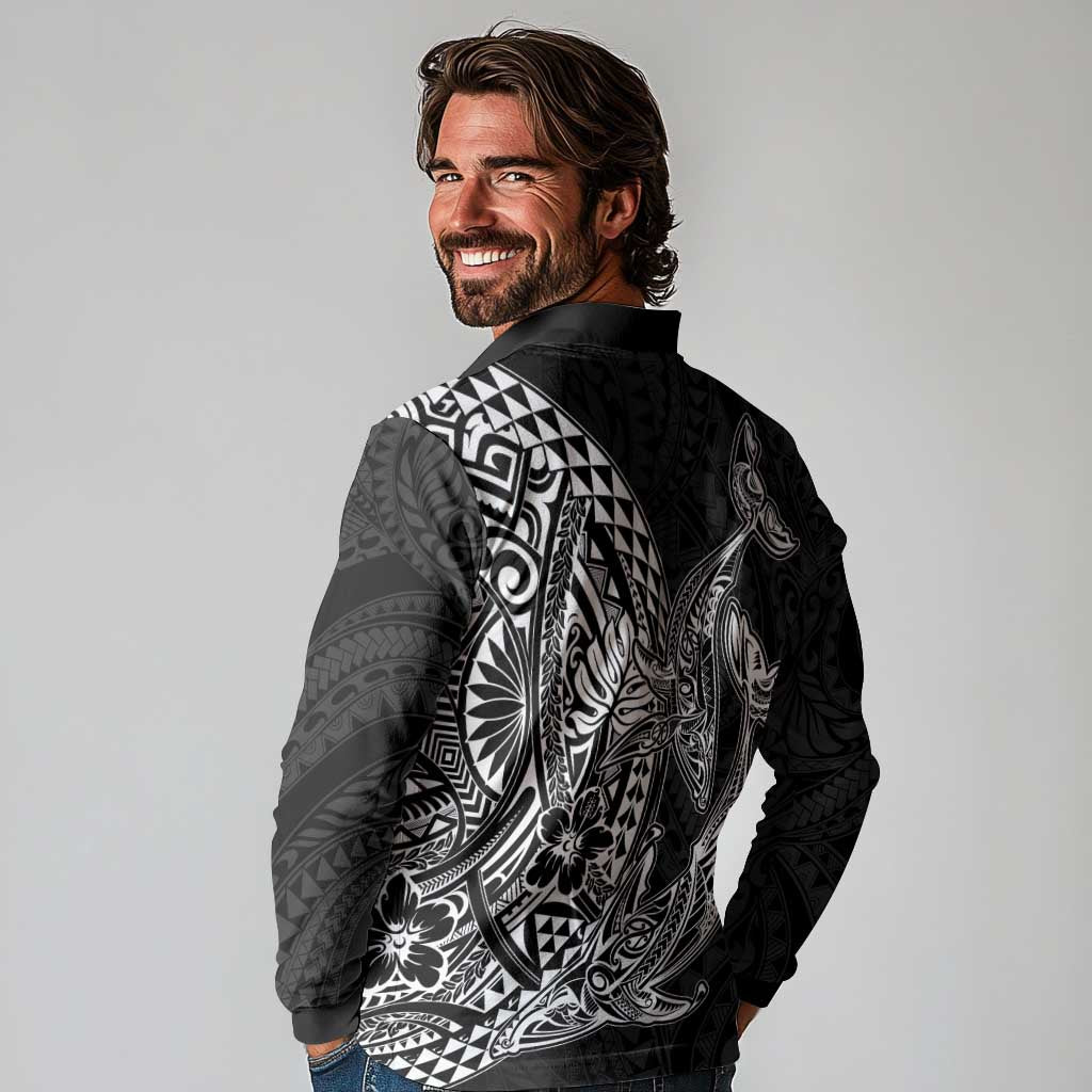 Hawaiian Whales Polynesian Art Motifs Long Sleeve Polo Shirt Black Color - Polynesian Pride