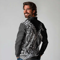 Hawaiian Whales Polynesian Art Motifs Long Sleeve Polo Shirt Black Color - Polynesian Pride