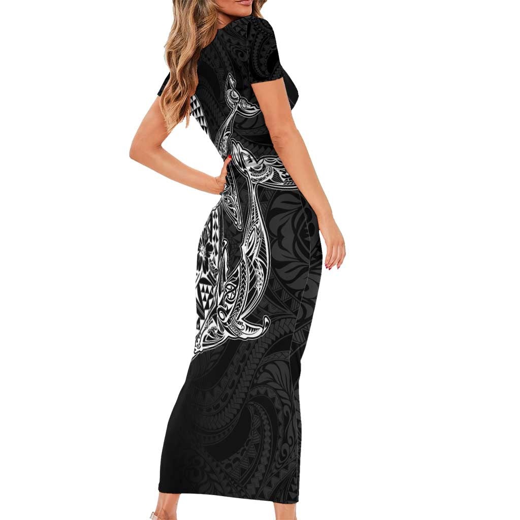 Hawaiian Whales Polynesian Art Motifs Short Sleeve Bodycon Dress Black Color LT03 - Polynesian Pride
