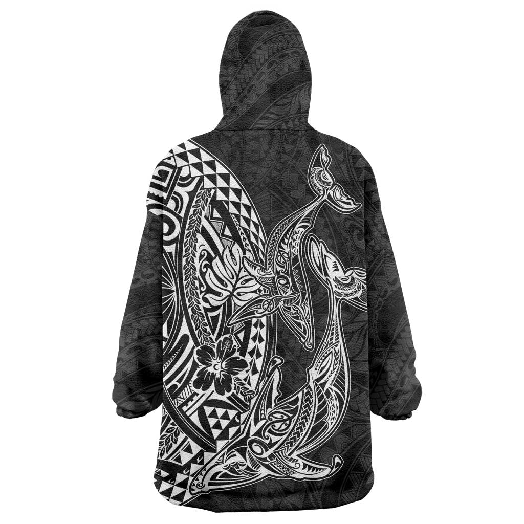 Hawaiian Whales Polynesian Art Motifs Wearable Blanket Hoodie Black Color LT03 - Polynesian Pride