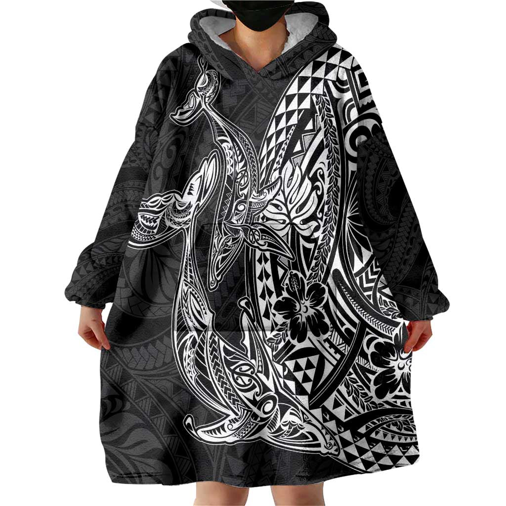 Hawaiian Whales Polynesian Art Motifs Wearable Blanket Hoodie Black Color LT03 - Polynesian Pride