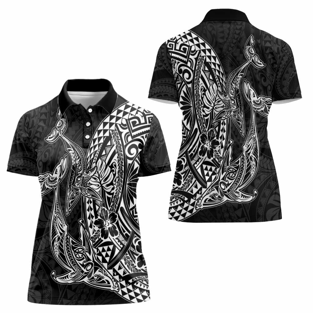 Hawaiian Whales Polynesian Art Motifs Women Polo Shirt Black Color - Polynesian Pride