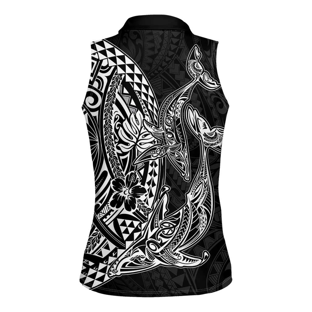 Hawaiian Whales Polynesian Art Motifs Women Sleeveless Polo Shirt Black Color LT03 - Polynesian Pride