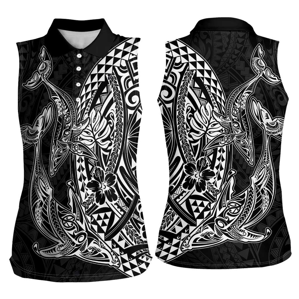 Hawaiian Whales Polynesian Art Motifs Women Sleeveless Polo Shirt Black Color LT03 - Polynesian Pride