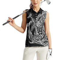 Hawaiian Whales Polynesian Art Motifs Women Sleeveless Polo Shirt Black Color LT03 - Polynesian Pride