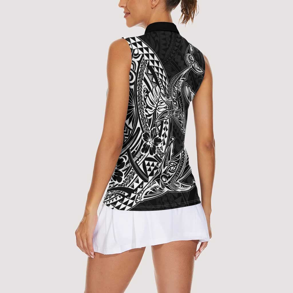 Hawaiian Whales Polynesian Art Motifs Women Sleeveless Polo Shirt Black Color LT03 - Polynesian Pride