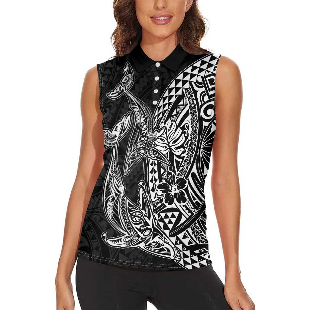 Hawaiian Whales Polynesian Art Motifs Women Sleeveless Polo Shirt Black Color LT03 - Polynesian Pride