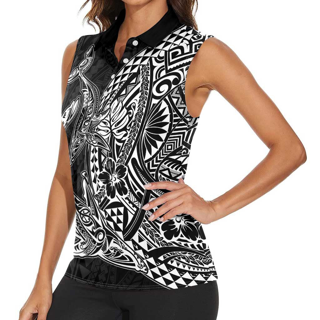 Hawaiian Whales Polynesian Art Motifs Women Sleeveless Polo Shirt Black Color LT03 - Polynesian Pride