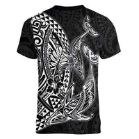 Hawaiian Whales Polynesian Art Motifs Women V-Neck T-Shirt Black Color LT03 - Polynesian Pride