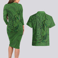 Hawaiian Whales Polynesian Art Motifs Couples Matching Long Sleeve Bodycon Dress and Hawaiian Shirt Green Color LT03 - Polynesian Pride