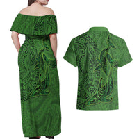 Hawaiian Whales Polynesian Art Motifs Couples Matching Off Shoulder Maxi Dress and Hawaiian Shirt Green Color LT03 - Polynesian Pride