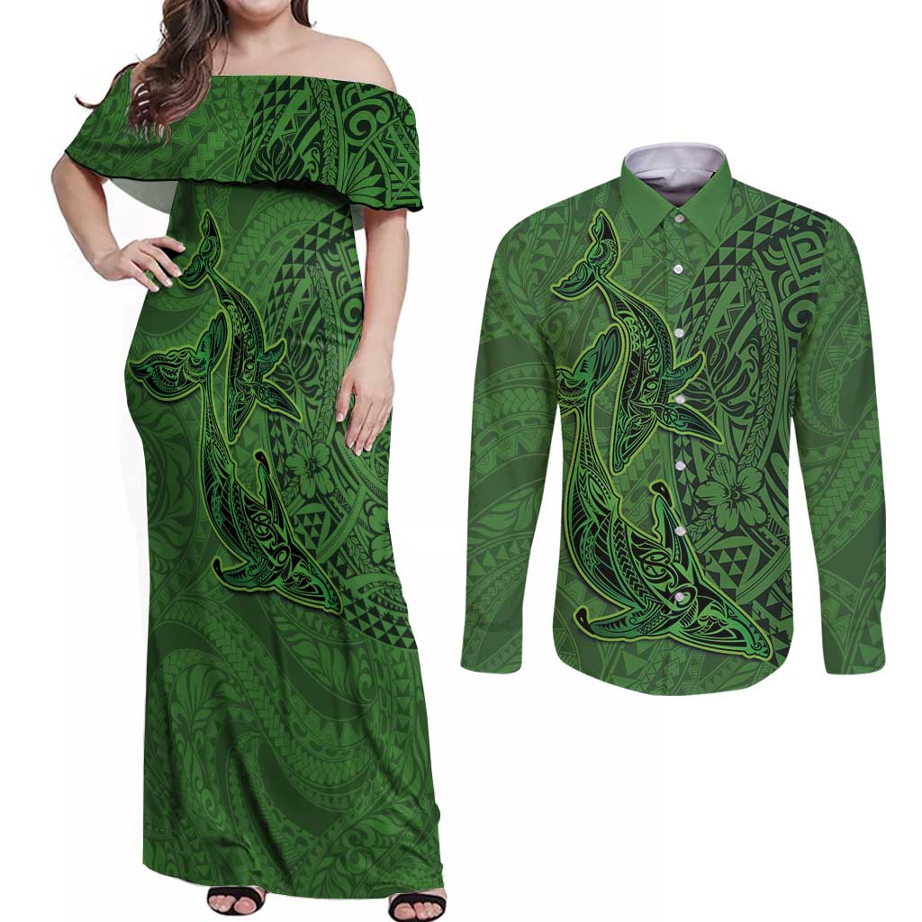 Hawaiian Whales Polynesian Art Motifs Couples Matching Off Shoulder Maxi Dress and Long Sleeve Button Shirt Green Color LT03 Green - Polynesian Pride