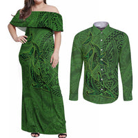 Hawaiian Whales Polynesian Art Motifs Couples Matching Off Shoulder Maxi Dress and Long Sleeve Button Shirt Green Color LT03 Green - Polynesian Pride