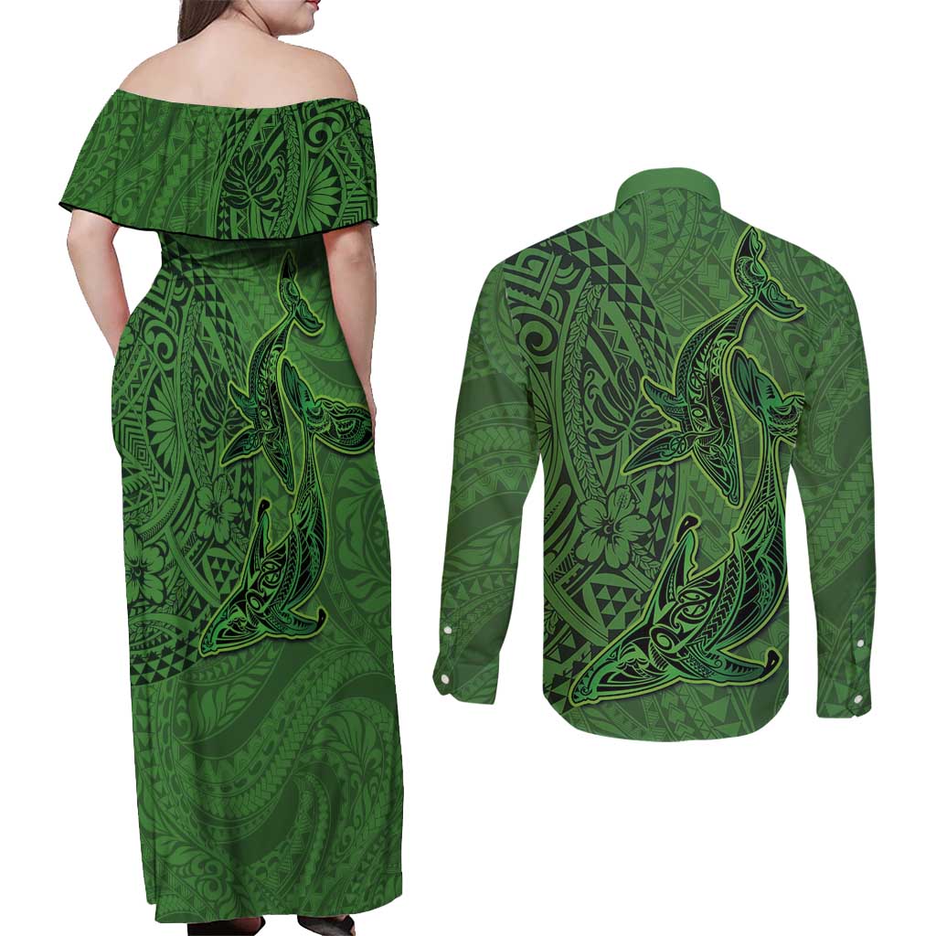 Hawaiian Whales Polynesian Art Motifs Couples Matching Off Shoulder Maxi Dress and Long Sleeve Button Shirt Green Color LT03 - Polynesian Pride