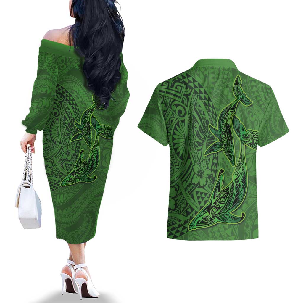 Hawaiian Whales Polynesian Art Motifs Couples Matching Off The Shoulder Long Sleeve Dress and Hawaiian Shirt Green Color LT03 - Polynesian Pride
